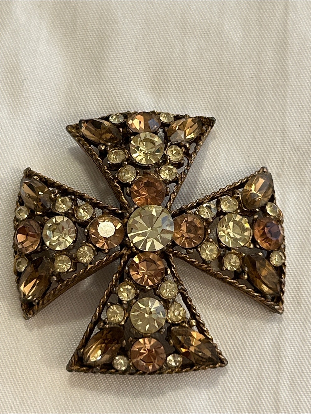 Brown, Amber, Champagne Crystal Cross Brooch - Women Jewelry